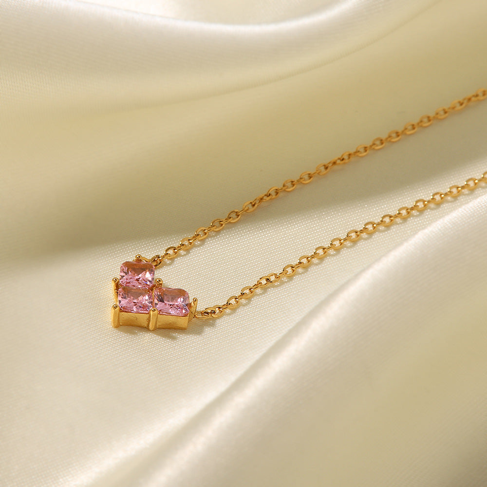 18K Gold Plated Love Pendant Necklace showcasing pink and white zircon on elegant chains.