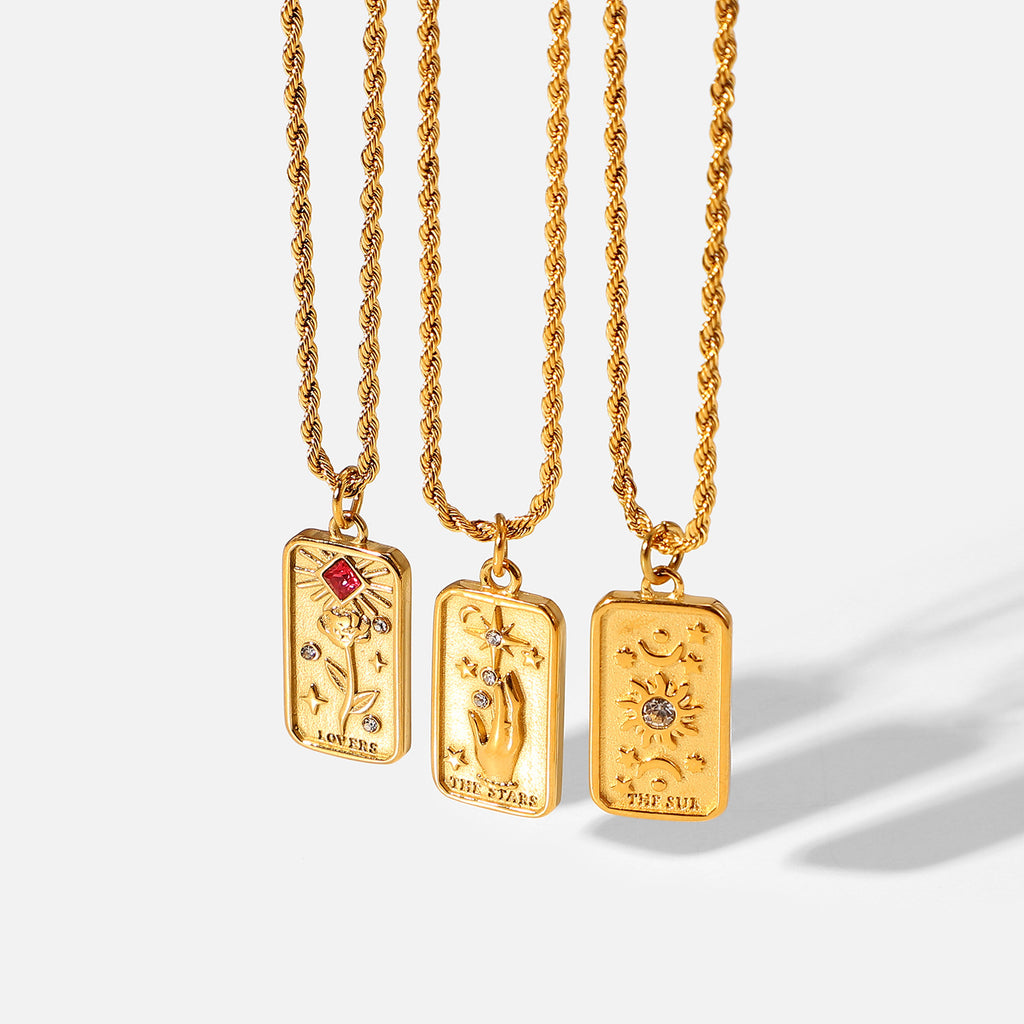18K Vacuum Plated Gold Zircon Square Sun Star Signet Pendant Necklace