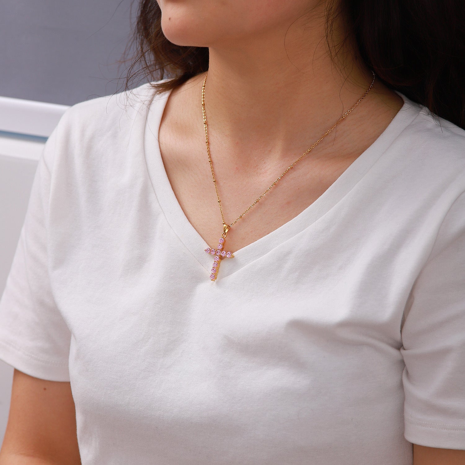 18K Gold Plated Pink Zircon Cross Pendant Necklace for Women