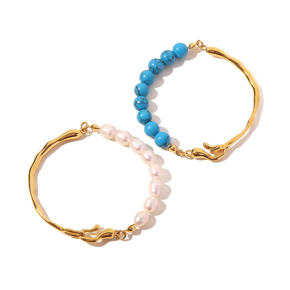 Natural Pearl Blue Turquoise 18K Gold Bracelet | Vintage Luxury