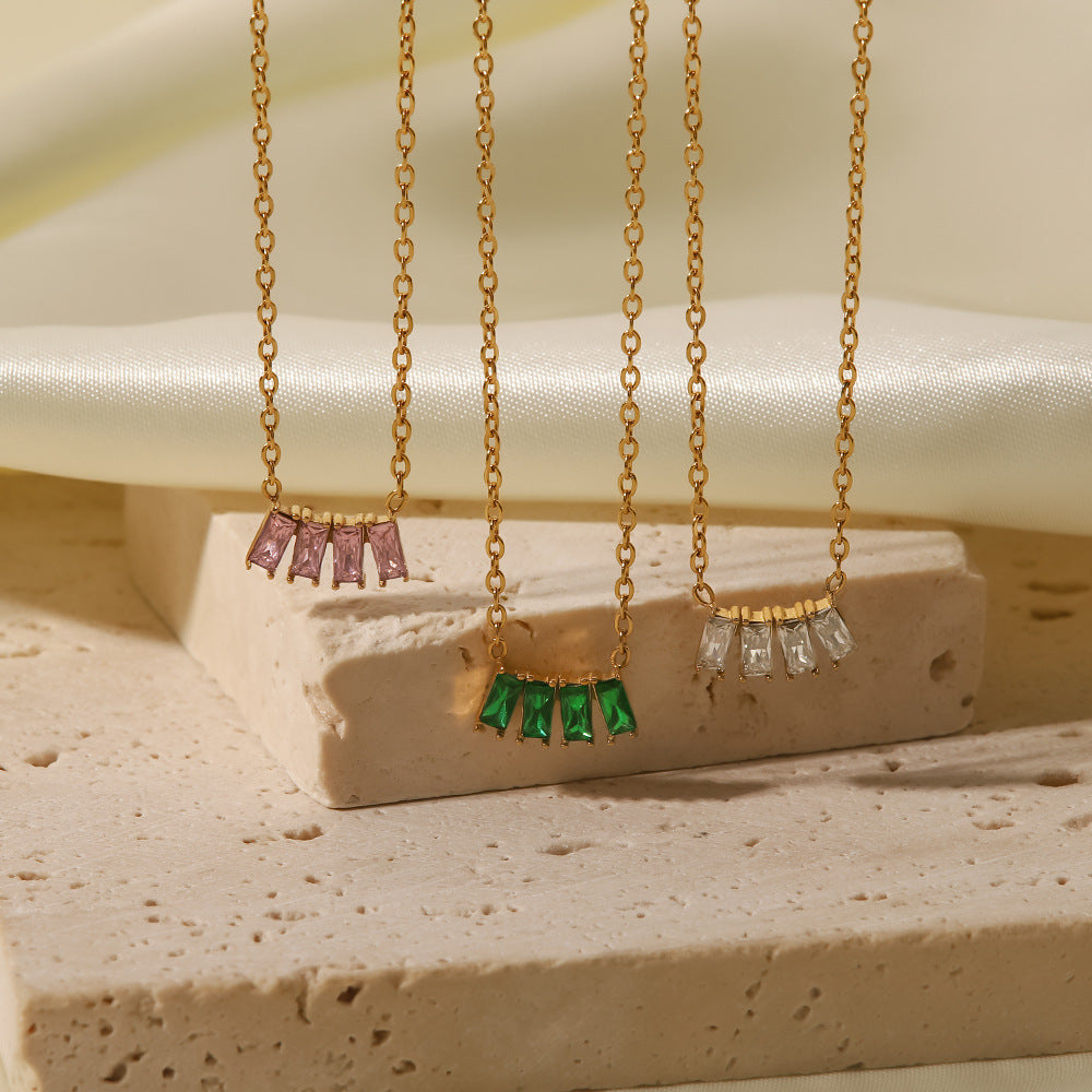 18K Gold Plated Zircon Necklace with Pink, White & Green Stones